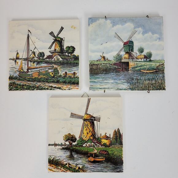 Vintage Set of 3 Delft Polychroom Painted Windmill Ceramic Tile Made In Holland - Picture 1 of 13